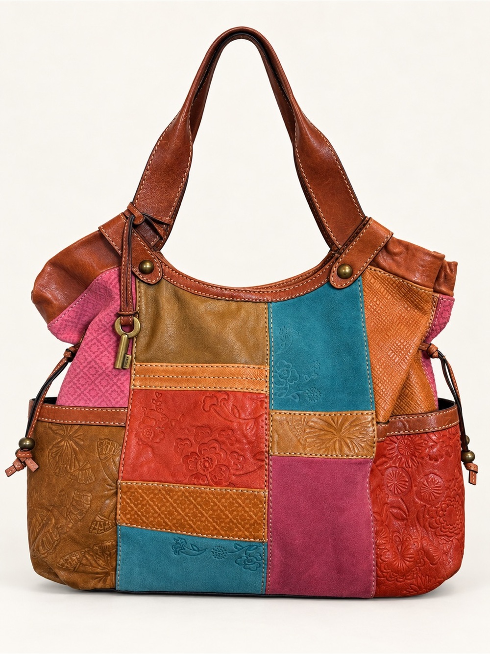 Vintage Y2K Fossil Multicolour Patchwork Leather Suede Hobo Bag